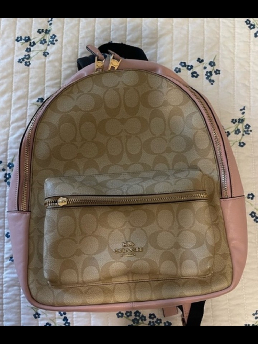 Coach Beige Signature Canvas Backpack with Pink Trim
